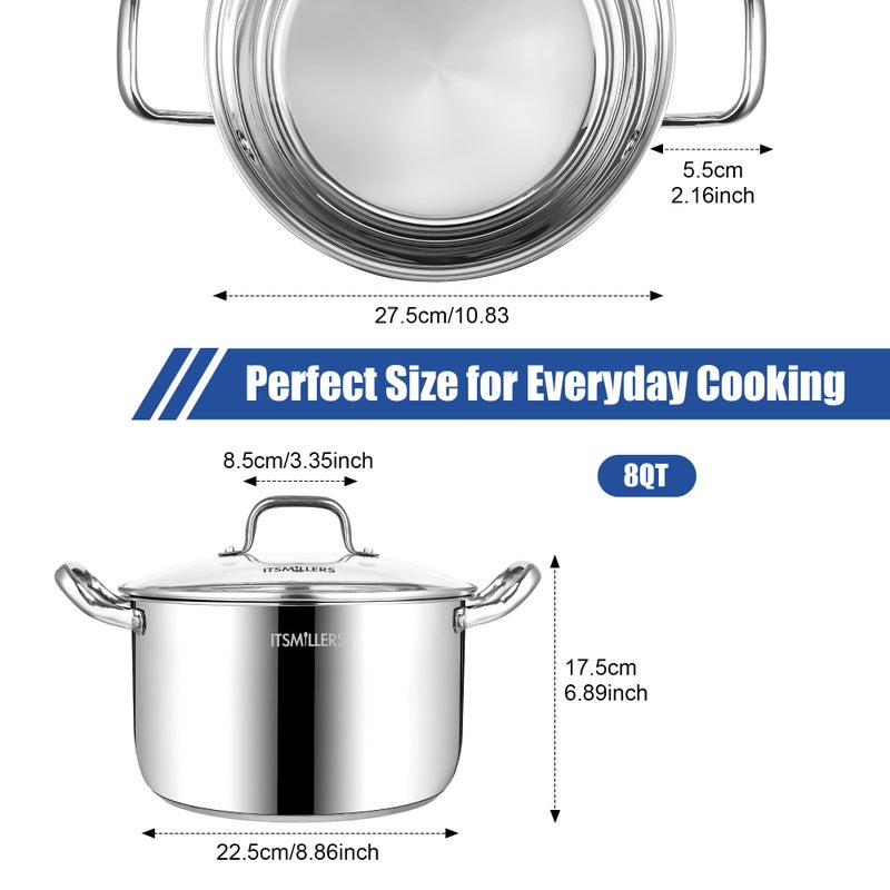 ItsMillers Stainless Steel Stock Pot - 8 Quart, Soup Pot Induction Compatible, Cooking Pot with Riveted Handle, Oven & Dishwasher Safe - Image 2